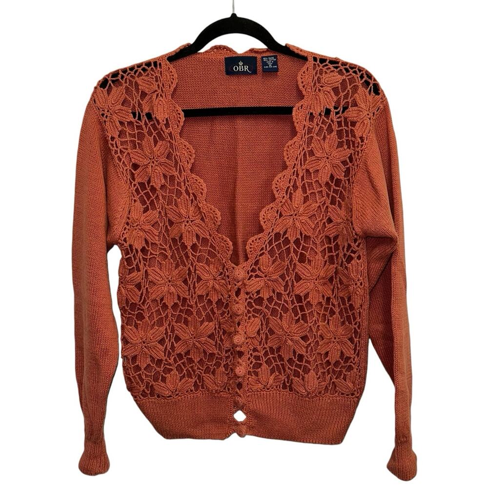 OBR Rust Crochet Lace Cardigan‎ Medium Boho Open Knit Button Front Sweater